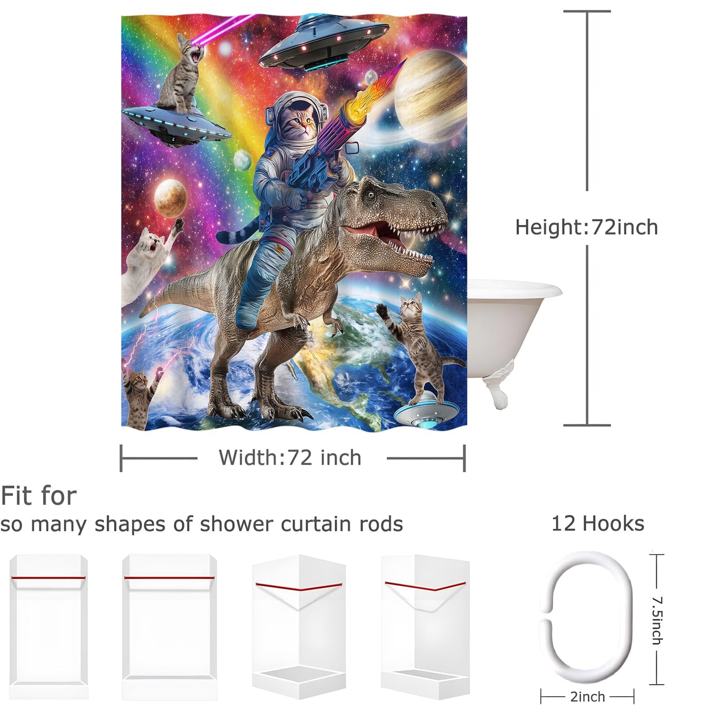 Aeyadis Funny Cat Riding Dinosaur Shower Curtain, Cool Cute Space Fantasy Galaxy Kids Shower Curtains Decor for Boys Girls Bathroom Set, Washable Waterproof Fabric with 12 Hooks, 72x72 Inch