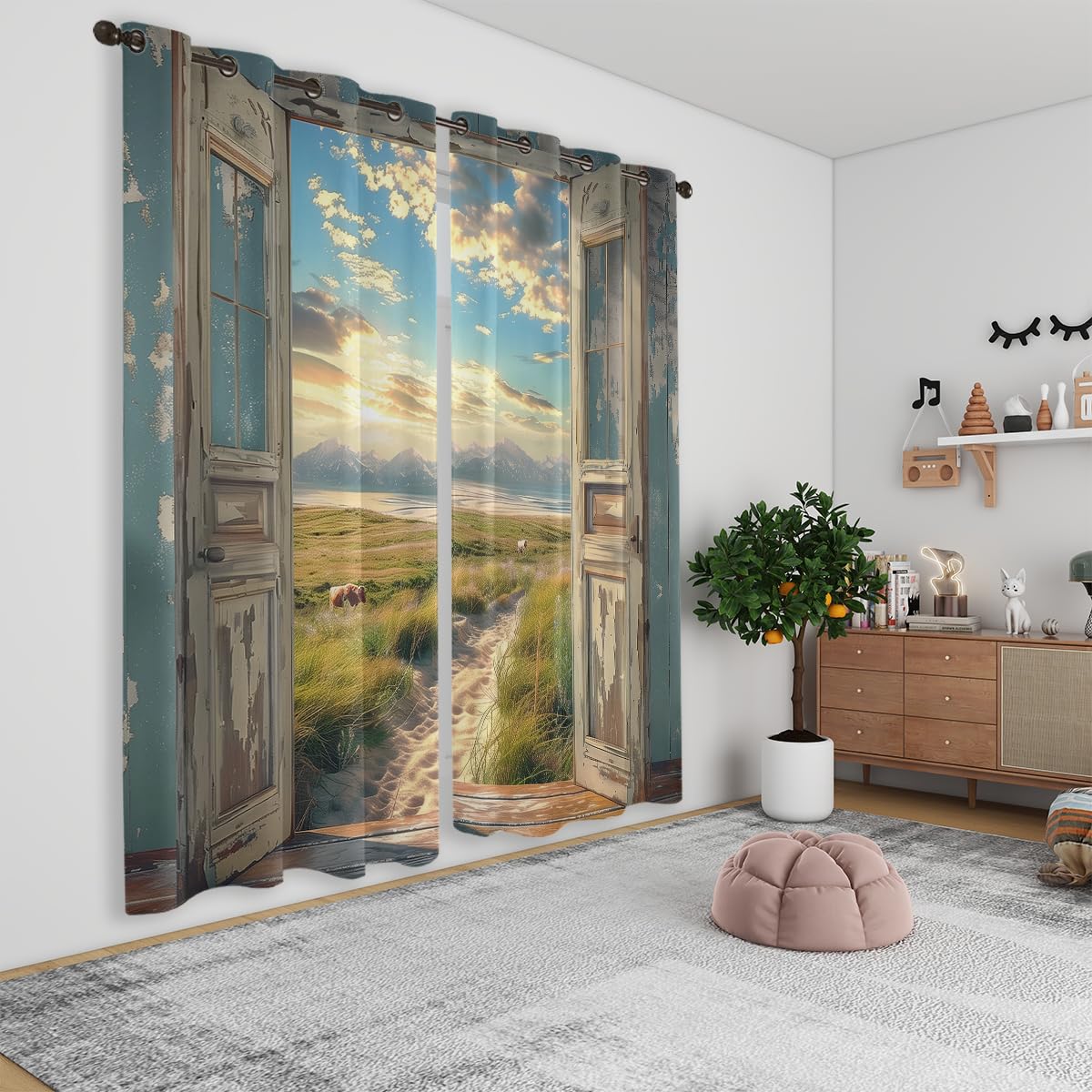 Landscape Blackout Curtains for Girls Boys Home Decor, Cow Sunset Grassland Mountain Natural Scenery Grommet Thermal Insulated Drapes Darkening Window Curtain for Bedroom Living Room, 84 x 84 Inch