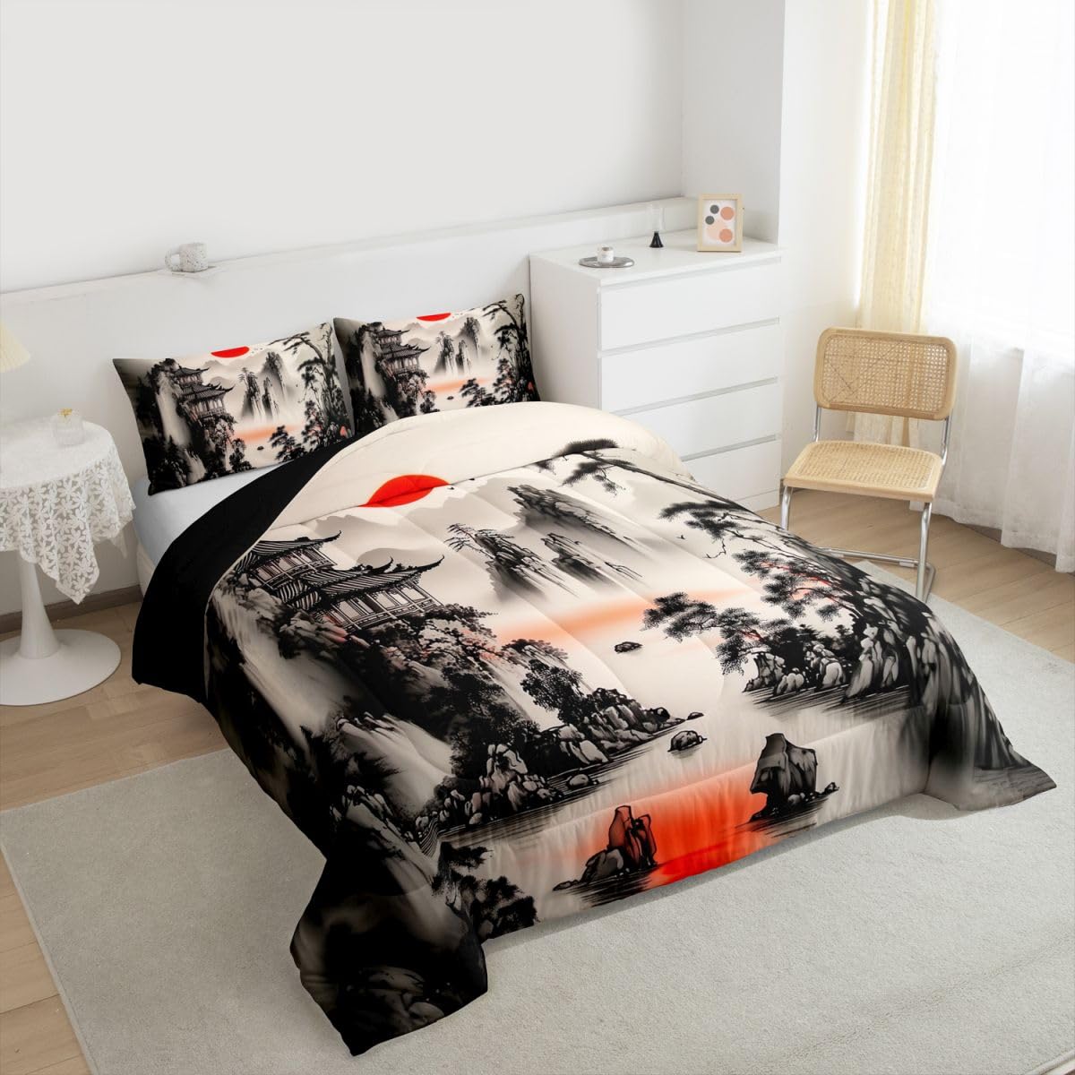 jejeloiu Chinese Ink Painting Bedding Set Soft for Boys Girls, Red Sun Comforter Set Queen Size Mountain Duvet Quilt Microfiber Japanese Style Bedroom Decor 3 Pcs with 2 Pillow Cases