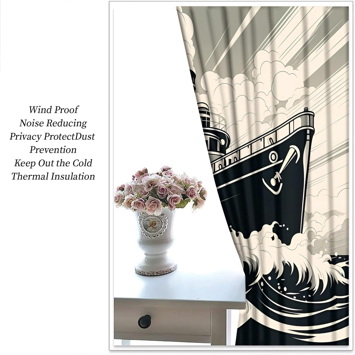 XAFIAUR Vintage Cruise Ship Blackout Curtains, Steamship Curtains for Living Room, Nautical Style Black Out Bedroom Curtain Thermal Insulated Grommet Drapes 2 Panels, for Boys Room 26" W x 63" L x2