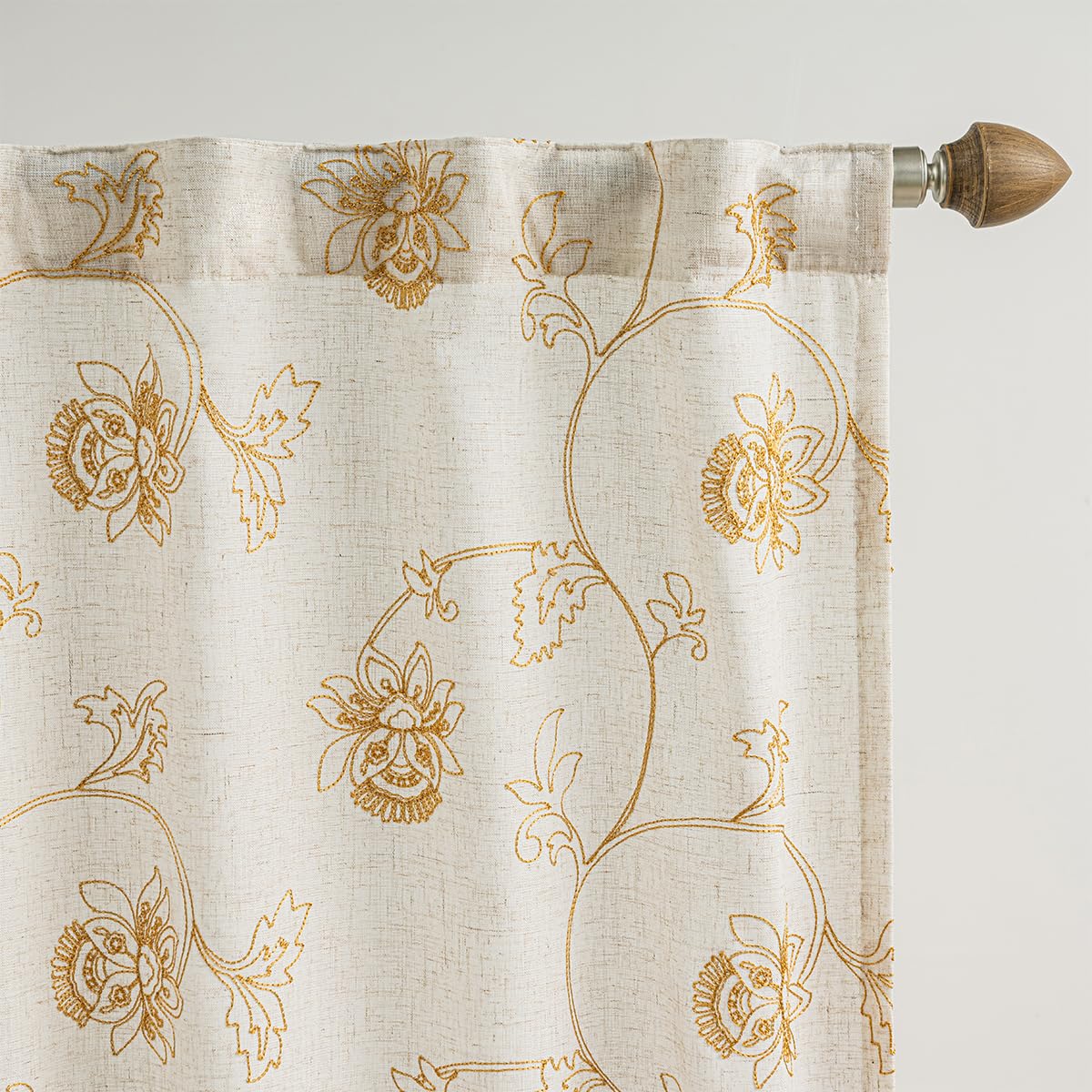 LSsudayin Embroidered Linen Blend Curtains for Bedroom, Living Room, Bohemian Semi-Blackout Floral Window Treatments with Backing Rod Pocket Hooks Beige Gold Matching Curtains 2 Piece 96 Inch Gold