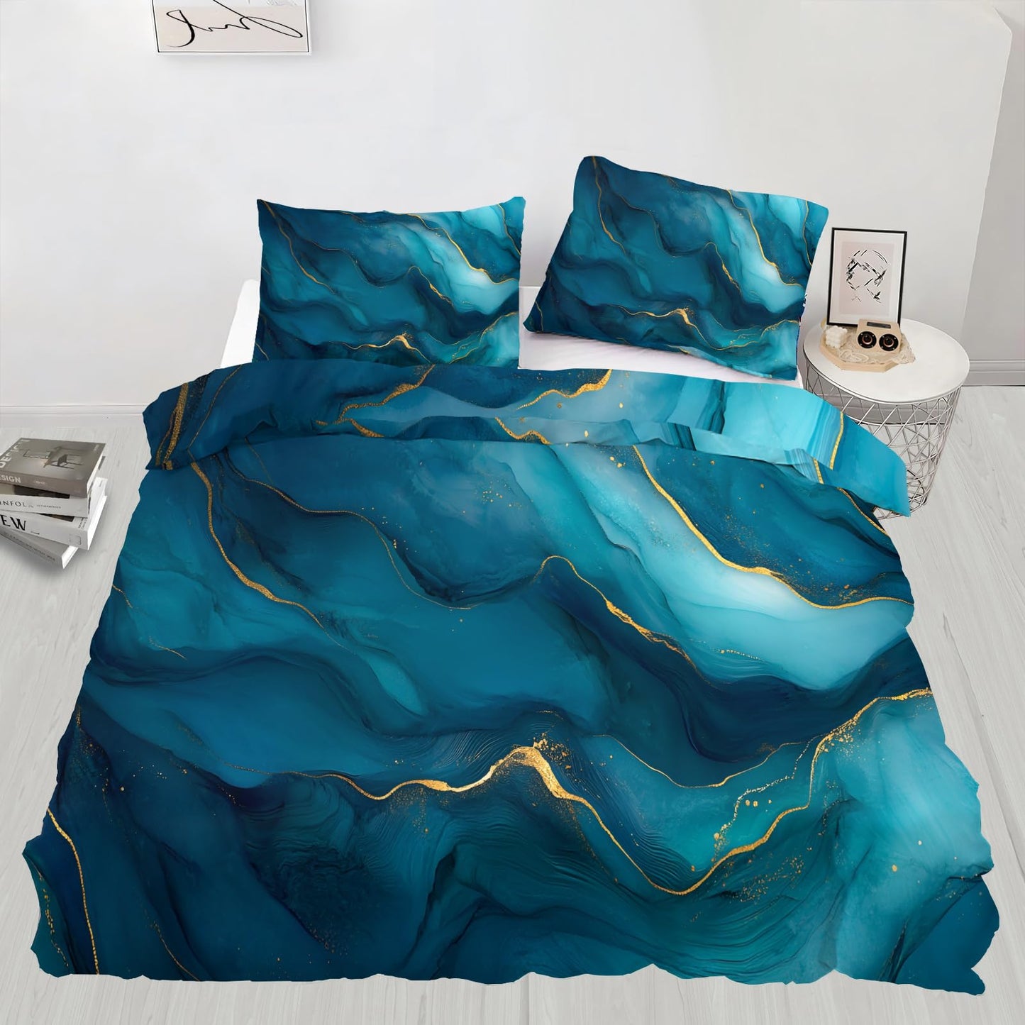 PAISUOQ Marble Bedding, Blue Marble Duvet Cover Full, Wave Texture Comforter Cover with Zipper Ties, 3 Pieces with 2 Pillowcases, Home Decor & Gifts