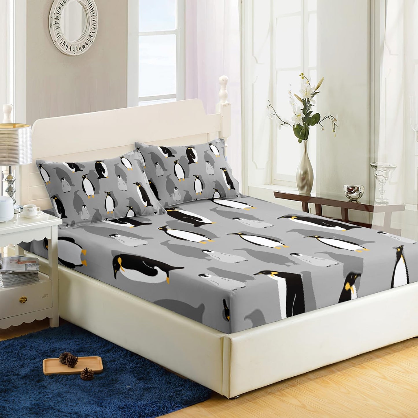 XYNHML Cartoon Penguin Fitted Sheet 3Pcs Twin Antarctic Wild Animal Bedding Set for Kid Teen Girl Boy Adult Grey White Black Safari Penguin Sheet Decor with 1 Fitted Sheet+2 Pillowcases No Flat Sheet