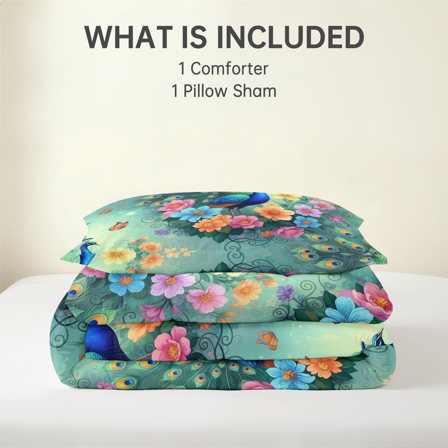 Peacock Butterfly Comforter Set Twin Size 2 Pcs - All Season Duvet Insert & Pillowcase, Oriental Asian Bedding Set, Soft Lightweight Down Alternative Comforter, Peony Bedroom Decor