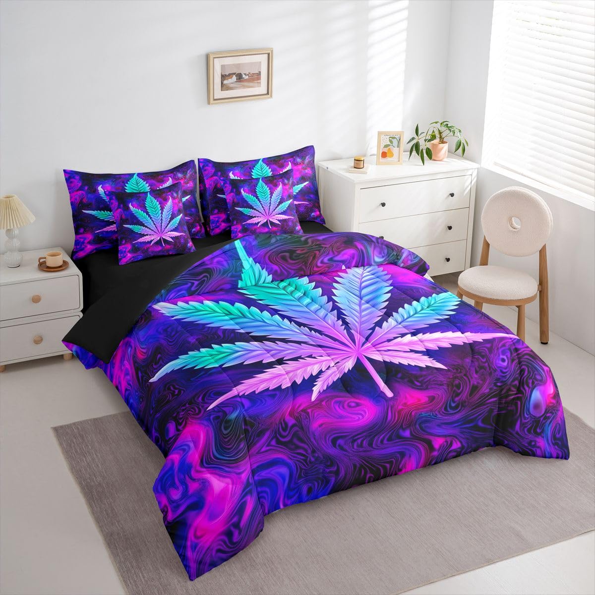 Erosebridal Purple Black Queen Size Comforter Set,Hippie Leaf 7-Piece Bed in A Bag,Leaves Galaxy Sheets and Pillowcases,Botanical Weed Bedding Set Room Decor