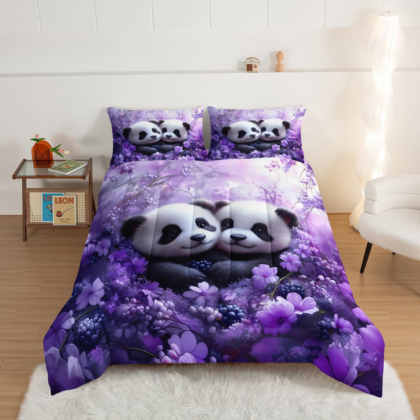 HOSIMA Panda Queen Bedding Sets for Girls Room Decor,Pandas Hugging Each Other in Flowers Field Printed Animal Bedding for Kids Boys,Fluffy Cute Comforter with 2 Pillowcases.