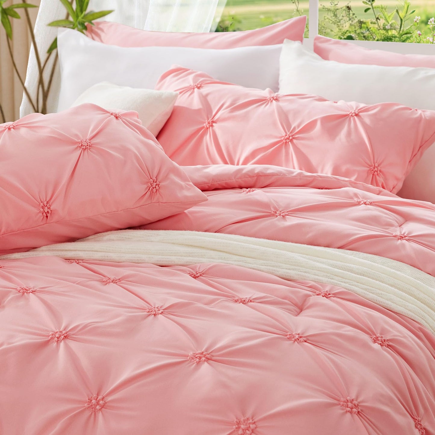 BEDELITE Pink Queen Comforter Set - 3 Pieces Boho Pintuck Bedding Comforter Sets, Lightweight Soft & Warm Bed Comforter with 2 Pillowcases for All Season,Valentines Day