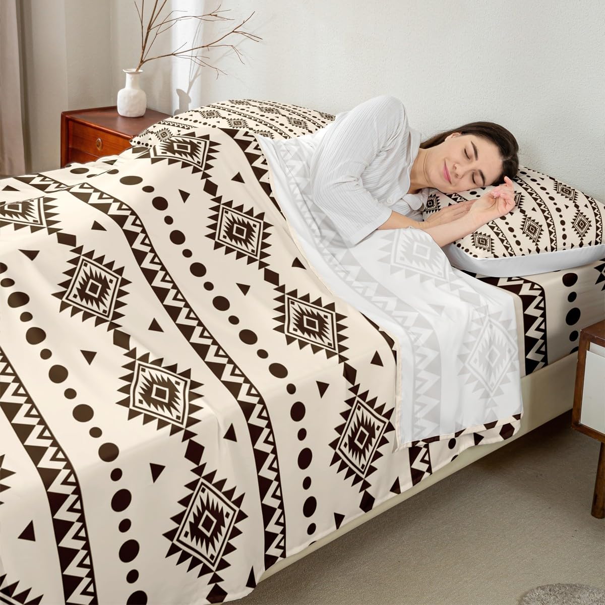 Erosebridal Western Aztec Bed Sheets Set Full Size, Bohemian Decor Flat Fitted Sheet for Boys Girls Women Men Bedroom, Exotic Tribal Bedding Set, Geometric Southwestern Farmhouse Bed Sets