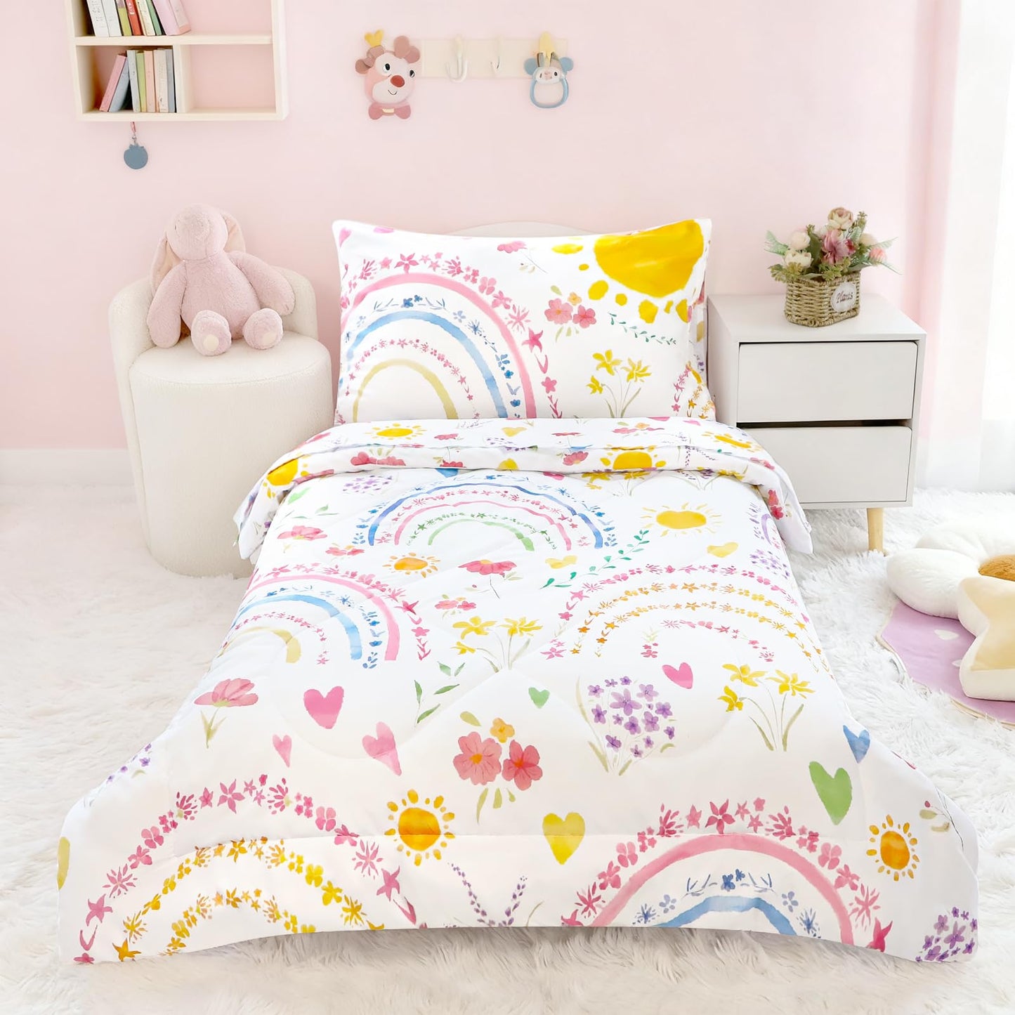 Pea Pod Toddler Bedding Set for Girls, 4 Piece Soft & Breathable Rainbow & Sun Crib Bedding Set, Bed-in-A-Bag Toddler Microfiber Sheet Set, Includes Comforter, Flat Sheet, Fitted Sheet, Pillowcase