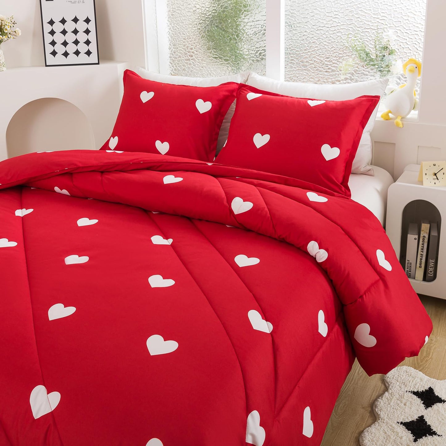 Caressma Love Comforter Set Twin Size - Cute White Heart Print Red Bedding Comforter with Matching Pillowshams