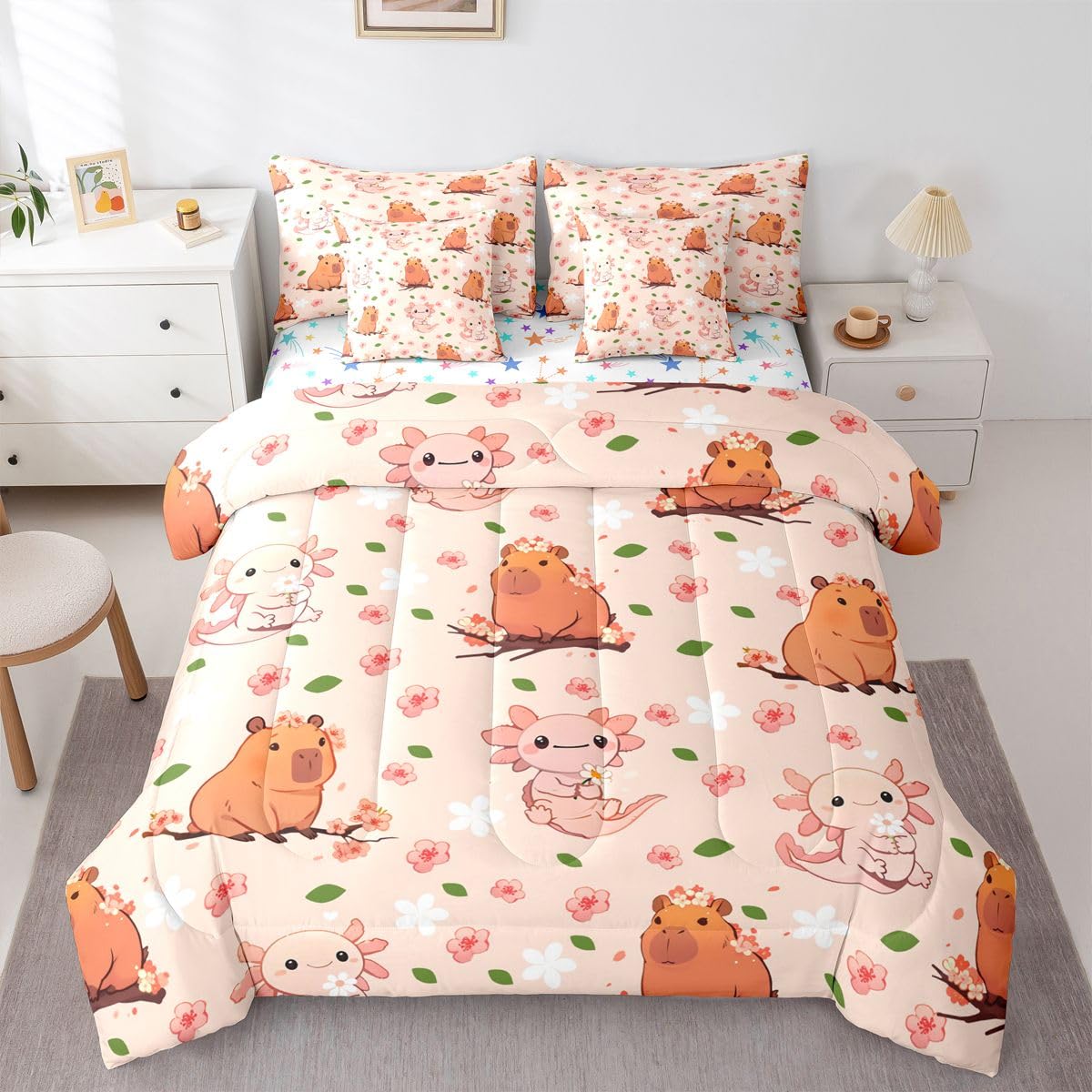 Erosebridal Cute Axolotl Queen Bedding Set Kids Cartoon Capybara Comforter Set for Boys Girls Teens Dreamy Pink Cherry Blossom 7-Piece Bed in a Bag Princess Cute Capybara Axolotl Quilt Sets