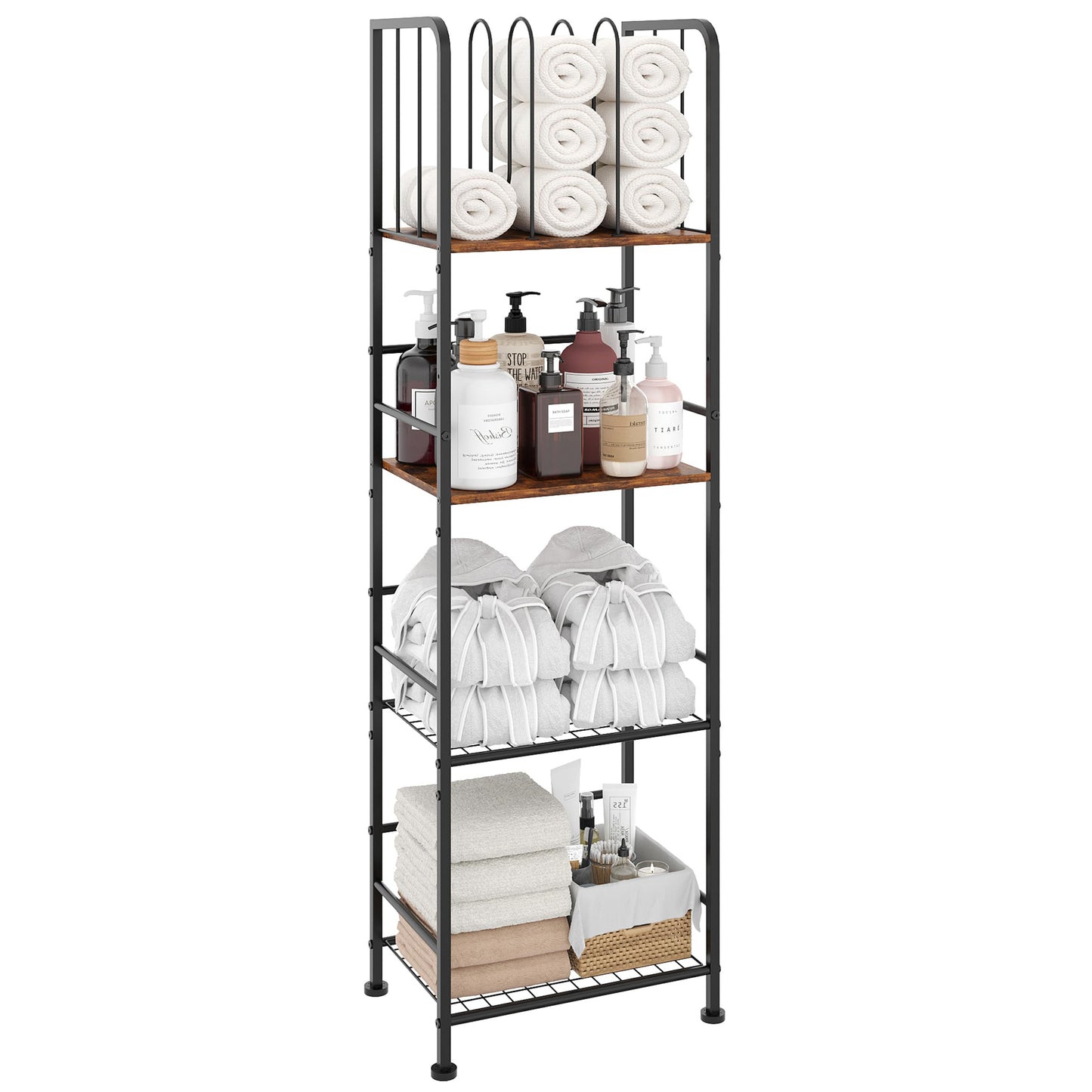 Towel Rack Free Standing 4-Tier M-Shaped Detachable Dividers, Durable Metal Towel Holder, Pool Items Holder, Space-Saving Storage Organizer, Modern Bath Towel Shelf for Bathroom Patent Pending