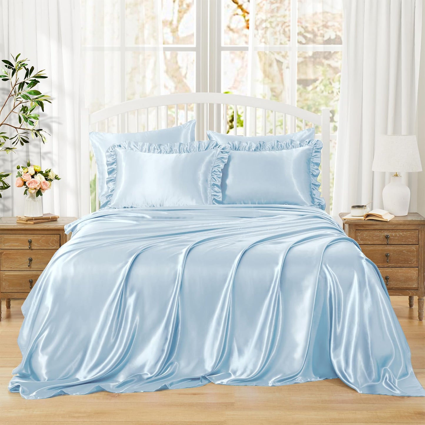 Homiest Ruffled Satin Sheets Full Size 6pc Set - Light Blue Bed Sheet Set with 15 Inch Deep Pocket Fitted Sheet, 1 Flat Sheet, 2 Ruffled Pillow Shams & 2 Pillowcases, Similar to Silk Sheets