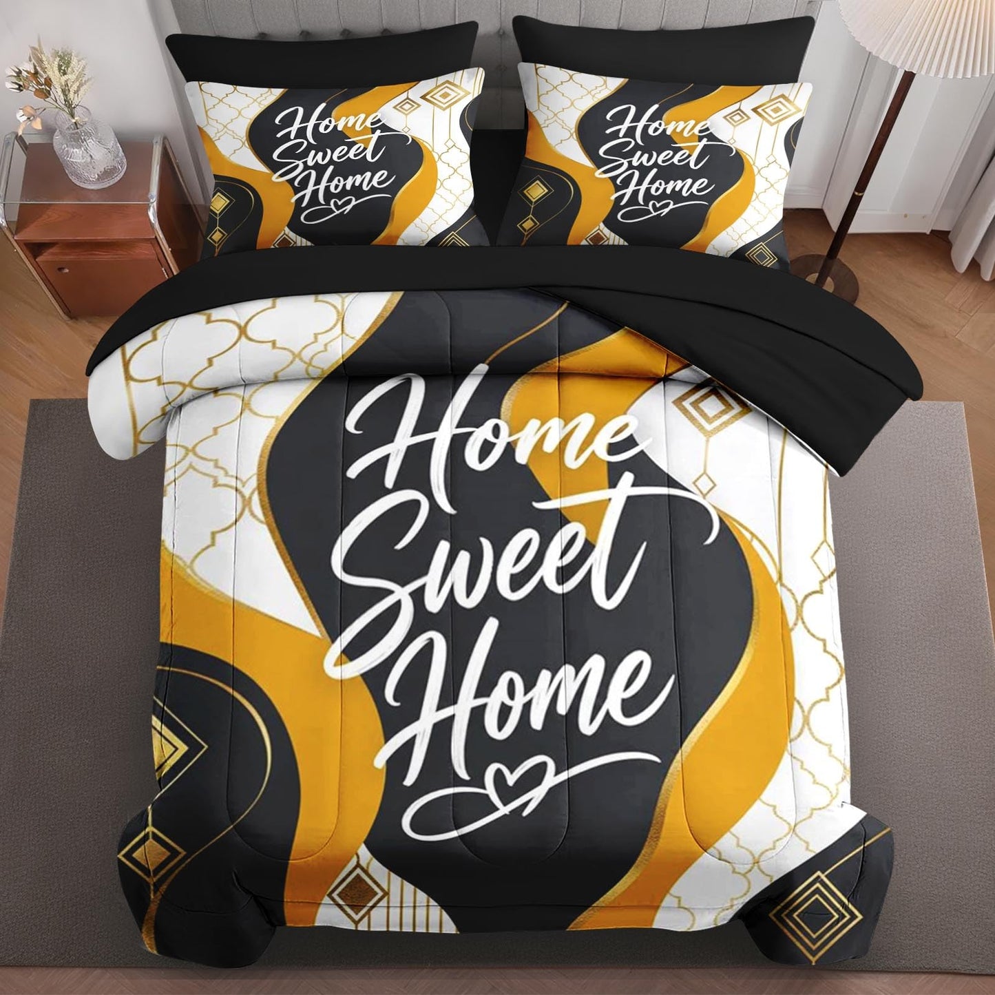 Boewywh Comforter Set Twin Size Housewarming Abstract Geometric 7 Pcs, Bedding for Kids and Adults, Modern Gold Bed Sheet Sets with Fitted Sheet 2 Pillowcases & 2 Shams for Bedroom Bed Decor