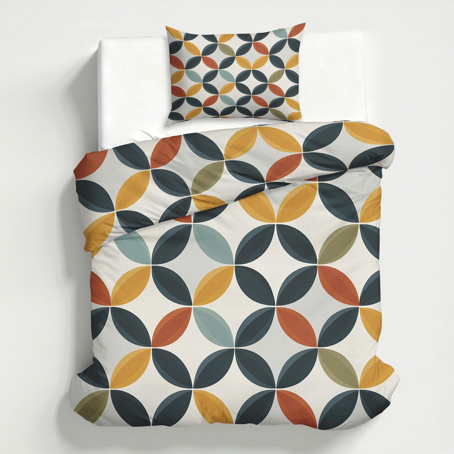 Mid Century Modern Twin Duvet Cover Set, Retro Geometric Circle Bedding Set 2 Pcs Reversible, MCM Geo Bedroom Decor, Ultra Soft Microfiber, 1 Pillow Sham, Zipper & Ties KJJT 104