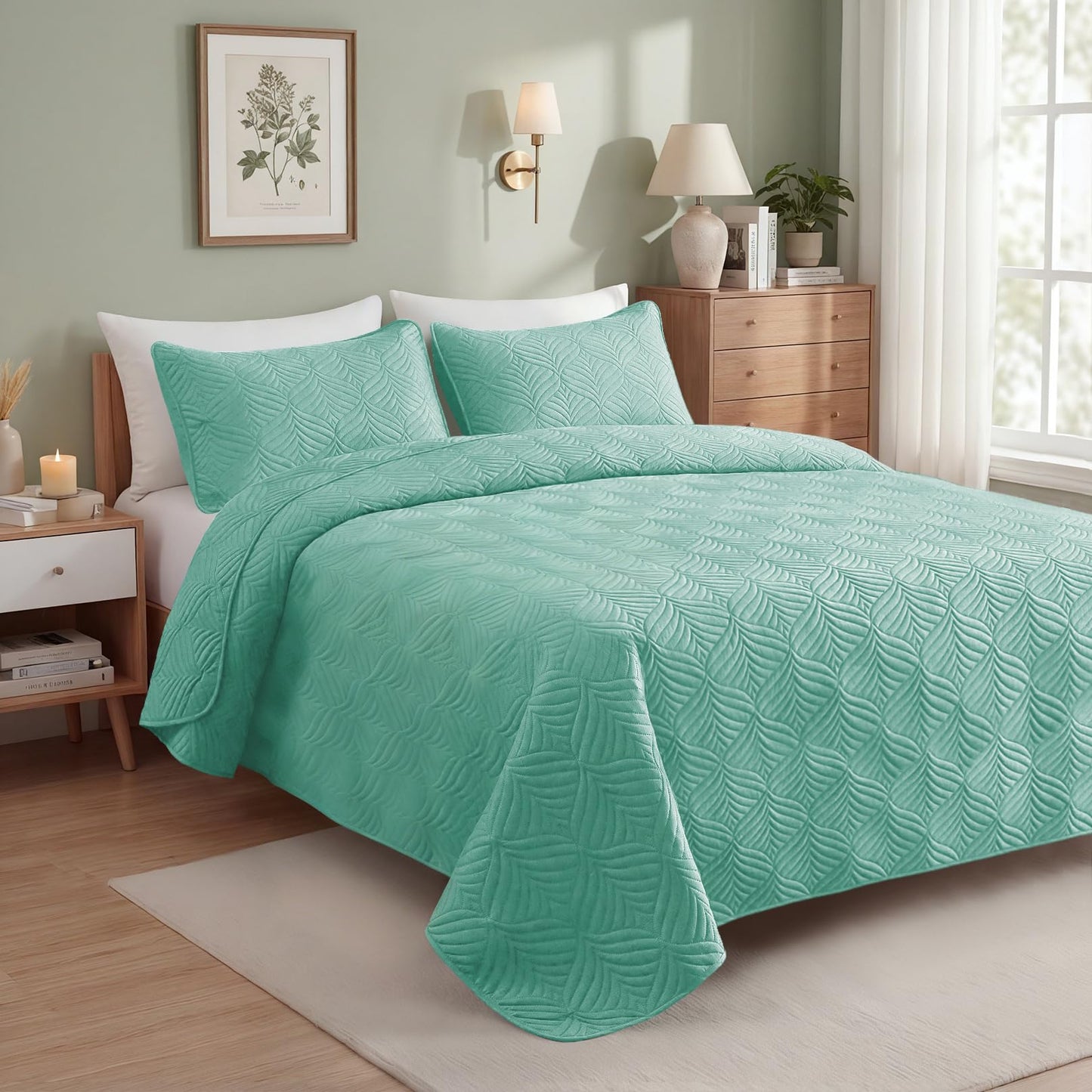Whale Flotilla Extra Soft Full Queen Quilt Bedding Set, Lightweight Turquoise Bedspreads Quilts Queen Size with Modern Pattern, Reversible 3-Piece Coverlet with 2 Pillow Shames for All Seasons