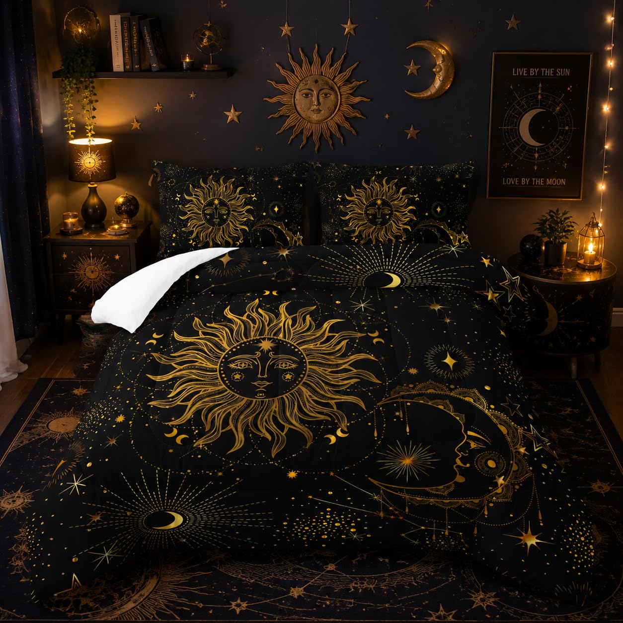 Nttopship Sun and Moon Bedding Comforter Set for Kids Teens and Adults Mysterious Galaxy Theme Printed Quilt Set for Bedroom 100% Soft Microfiber Print Quilt Set with 1 Comforter and 2 Pillow Case