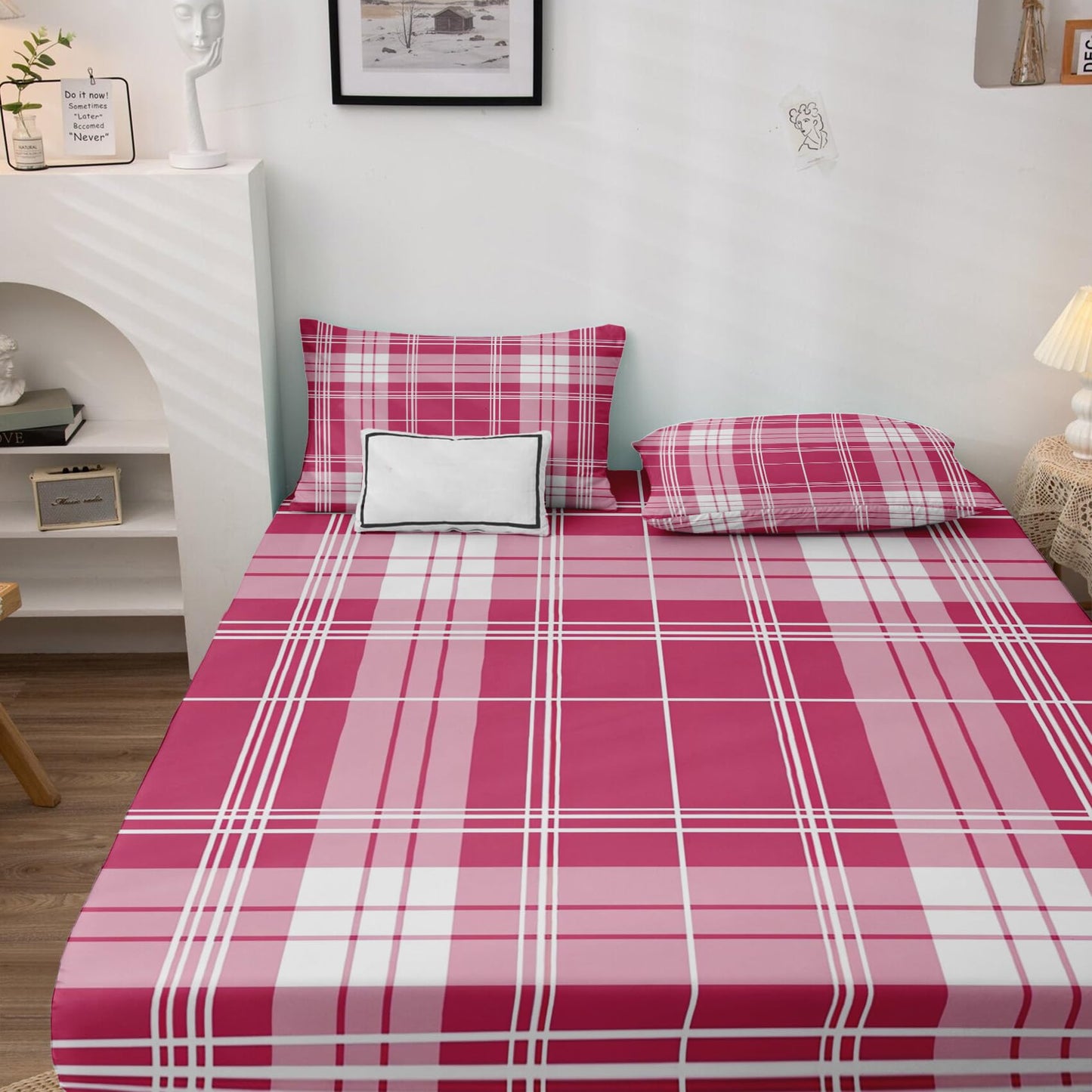 zcsm Pink and White Buffalo Check Sheets Queen Sheet Set - Gingham Bed Sheets, Soft Microfiber & Deep Pocket & Wrinkle Free Bedding Sheets & Pillowcases, 1 Fitted Sheet, 1 Flat Sheet, 2 Pillow Cases