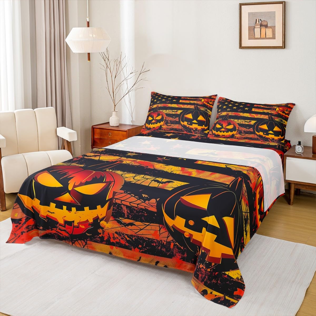 Feelyou Halloween Pumpkin Bed Sheets Set Full Size Halloween Decor Deep Pocket Fitted Sheet American Flag Bedding Sets Gothic Soft Bed Set 4Pcs with 2 Pillow Cases