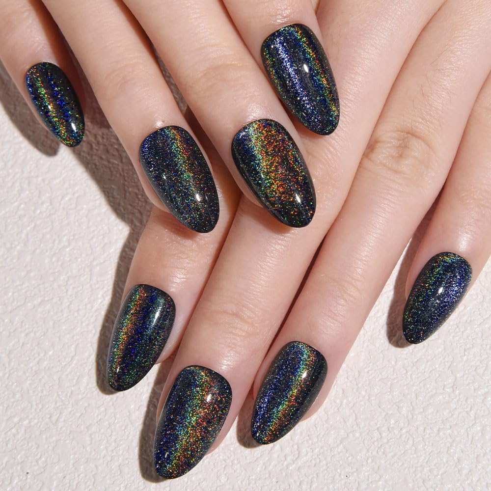 evpct Black Cat Eye Press on Nails Short Almond No Glue, Iridescent Colorful Metallic Glitter Glossy Stick on Nail for Women Gift with Kit, Reusable Full Cover Soft Gel Press on Fake Nail with Design