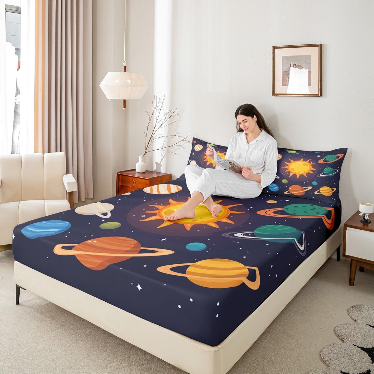 Erosebridal Planets of Solar System Sheet Set Mercury Earth Mars Neptune Saturn Jupiter Fitted Sheet for Kids Teens Adults Bed Décor Universe Space Galaxy Starry Sky Bedding Set Twin