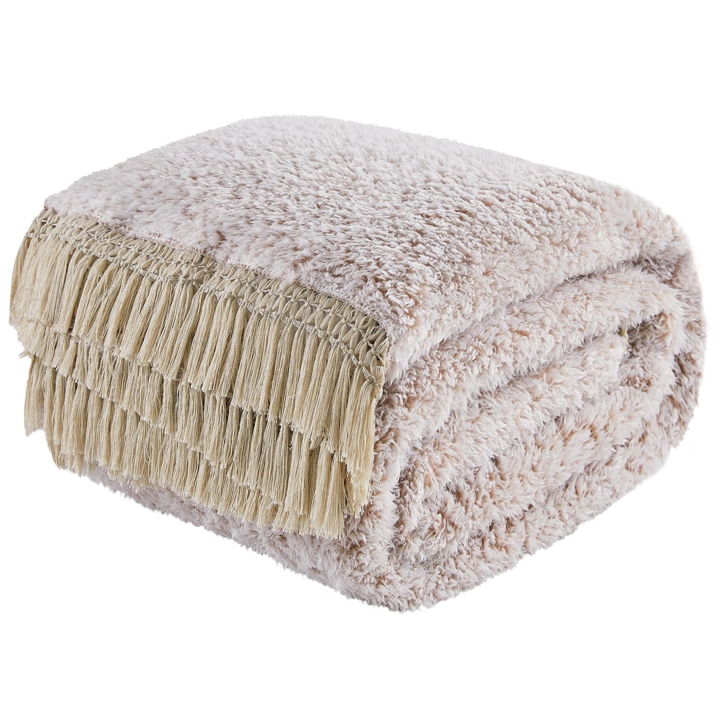 EMME Soft Sherpa Fleece Blanket with Tassel, Reversible Plush Fluffy Large Blanket, Light Weight Warm Decorative Boho Blanket Cover for Sofa, Couch, Bedroom,Travel(Tassel Khaki,108"x90")