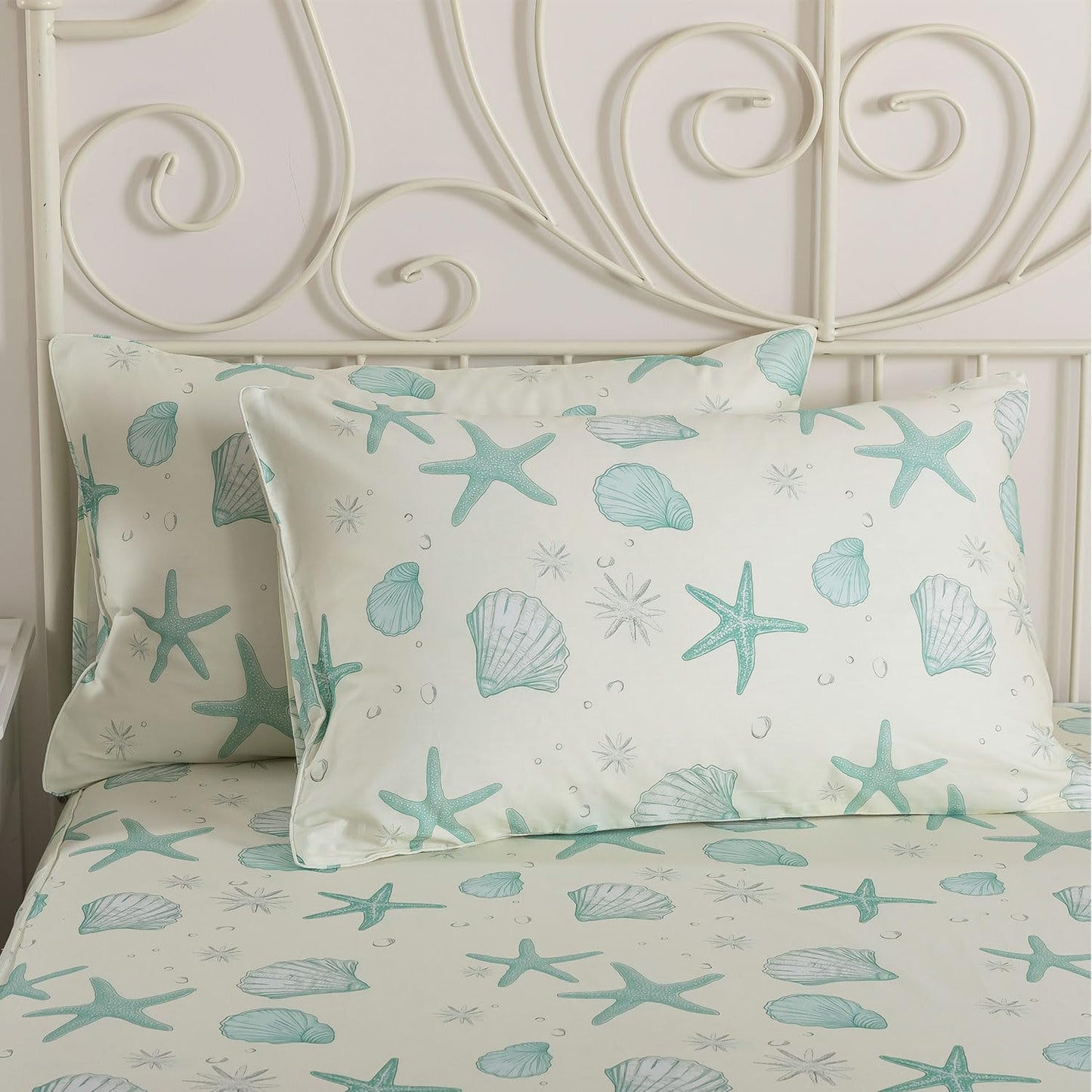 FADFAY 100% Cotton Coastal Sheet Set Queen – Ultra Soft Breathable Beach Bedding, Seafoam Green Starfish & Seashell Print, Ocean Themed Bed Sheets for Coastal Bedroom Decor, Deep Pocket, 4 Piece Set