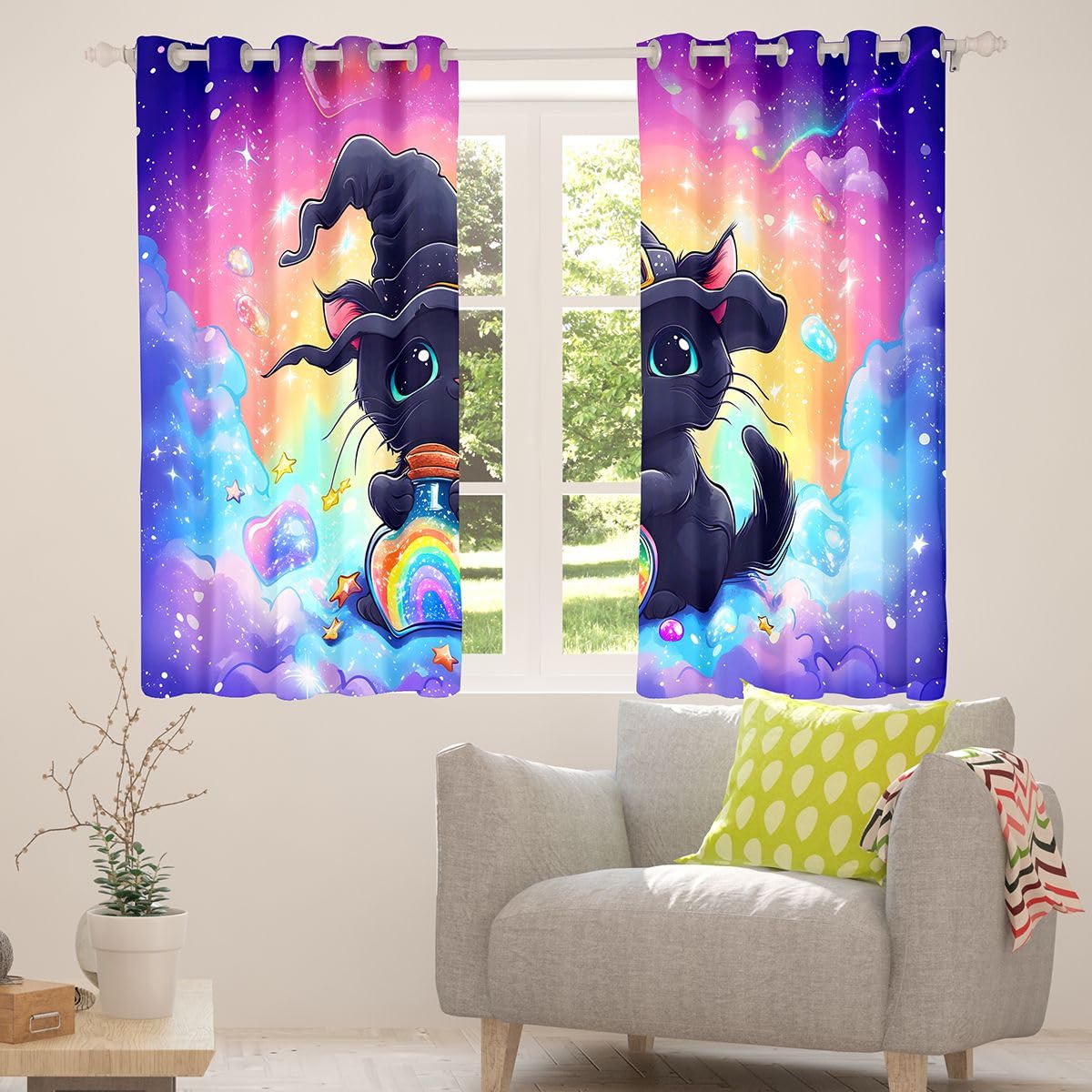 Feelyou Black Cat Curtains for Bedroom Living Room Cute Kitten Blackout Shades Rainbow Room Darkening Curtain Cute Animal Window Treatments, 2 Panels 42 x 90 Inch Decor
