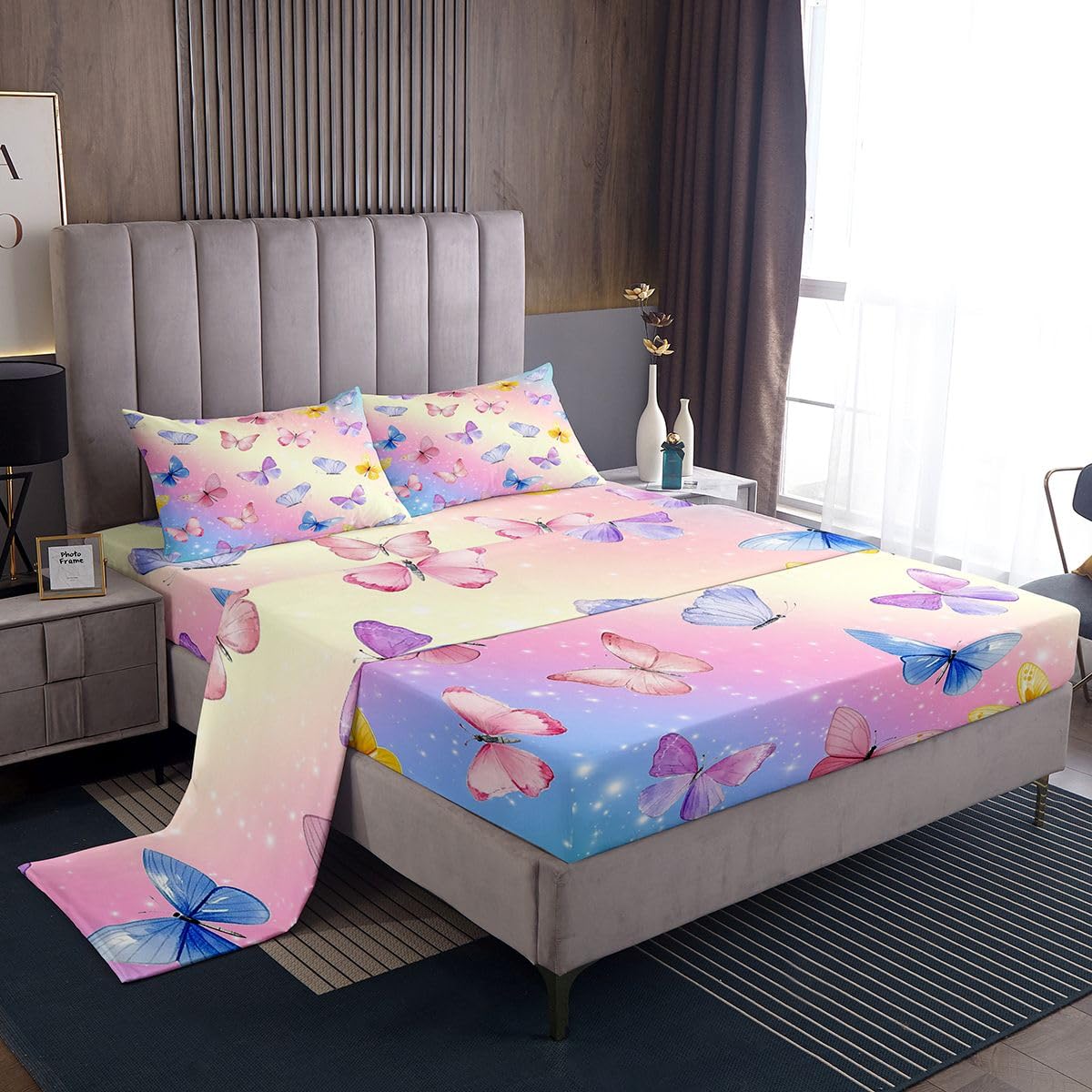 Feelyou Butterfly Bed Sheets Set Twin Size Rainbow Glitter Deep Pocket Fitted Sheet Pink Butterflies Print Bedding Sets Animal Soft Bed Set 3Pcs with 1 Pillow Cases