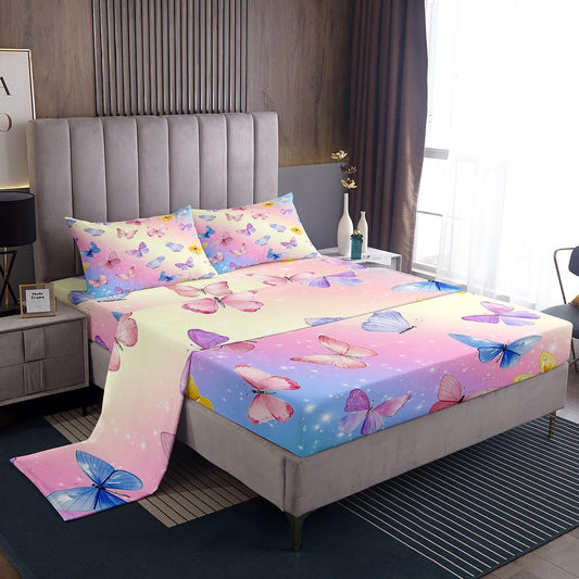Feelyou Butterfly Bed Sheets Set Twin Size Rainbow Glitter Deep Pocket Fitted Sheet Pink Butterflies Print Bedding Sets Animal Soft Bed Set 3Pcs with 1 Pillow Cases