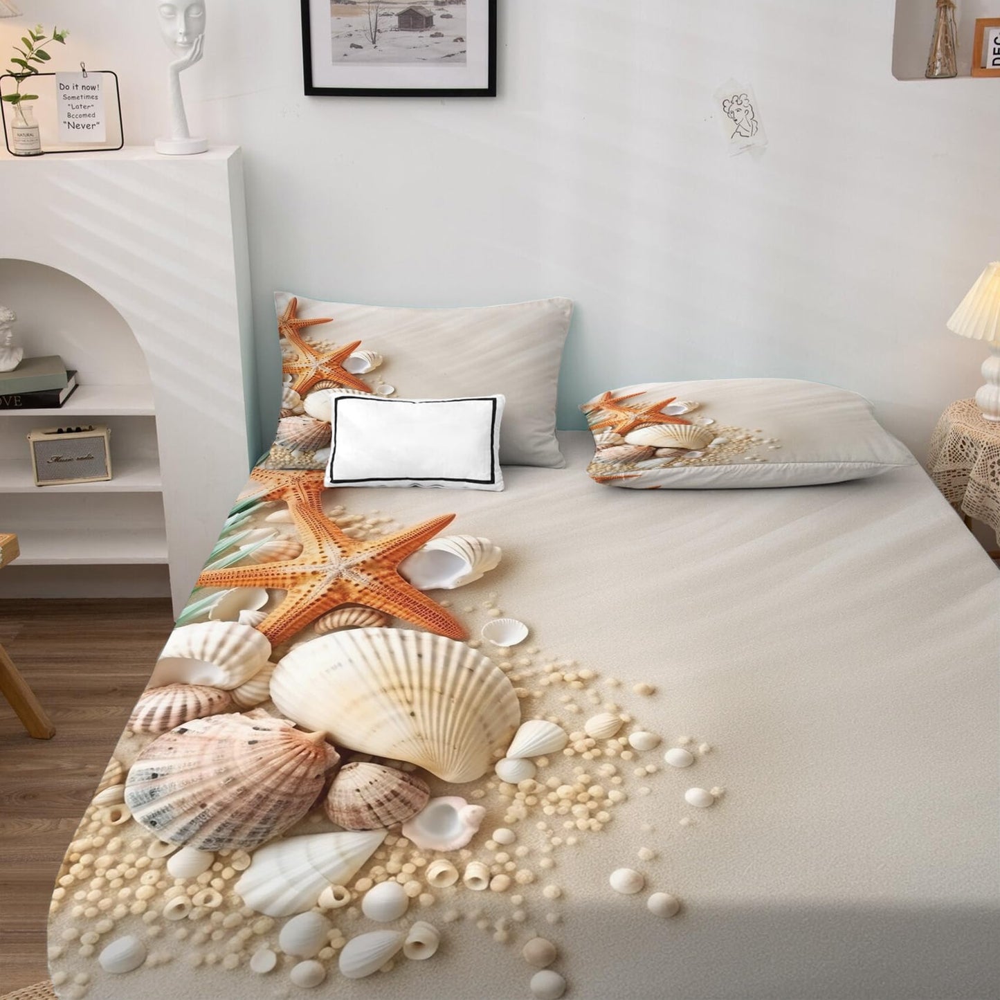King Size Sheets Set - Beach Theme Bed Sheets, Starfish Seashell Bedding Sheets & Pillowcases, Soft Microfiber & Deep Pocket & Wrinkle Free Sheet Set, 1 Fitted Sheet, 1 Flat Sheet, 2 Pillow Cases
