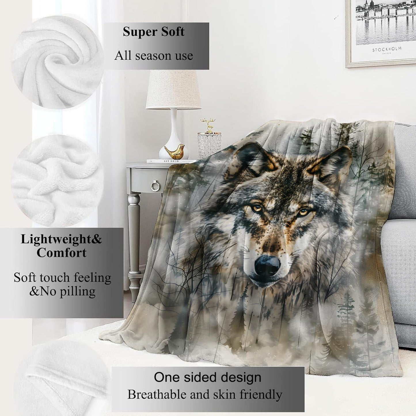VODRM Cool Wolf Blanket Majestic Forest Throw Blankets,Birthday Gifts for Kids Men Women & Wildlife Lovers,Lightweight Soft Fleece Cozy for Sofa Couch Bed Room Rustic Decor 50x60in