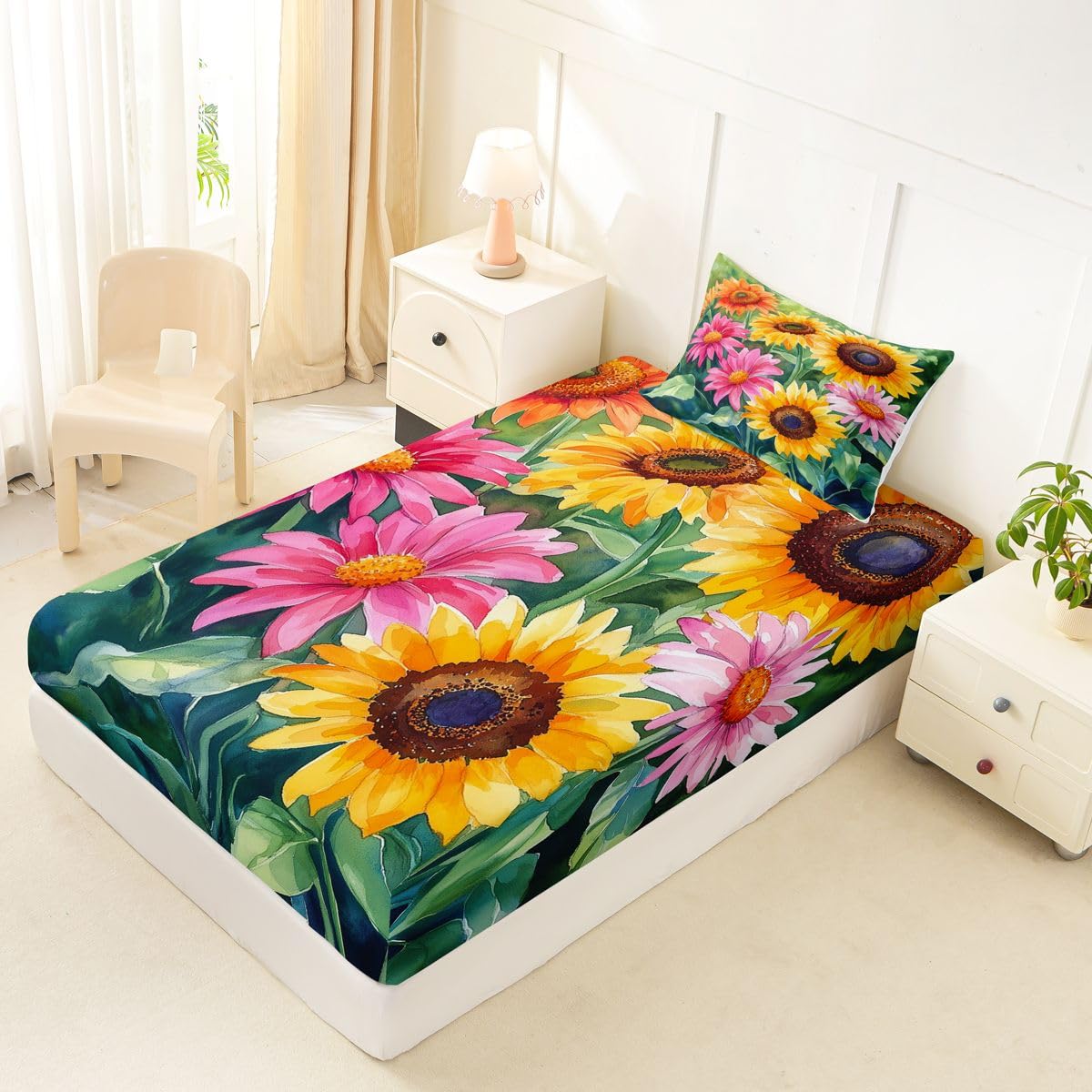 Erosebridal Spring Sunflower Bed Sheets Set Twin Watercolor Floral Sheet Set Green Watercolor Leaves Sheets Retro Boho Sunflower Flat Fitted Sheet