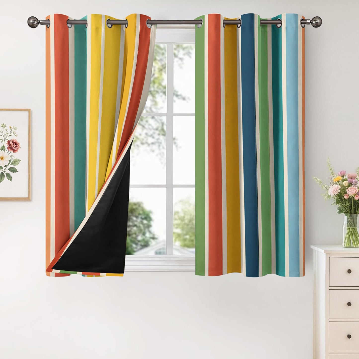 Colorful Striped Curtains Blackout - Retro Rainbow Stripe Curtains 84 Inch Length 2 Panels Set, Colorful Striped Window Curtain for Bedroom, Living Room, Thermal Insulated Grommet Drapes -O177