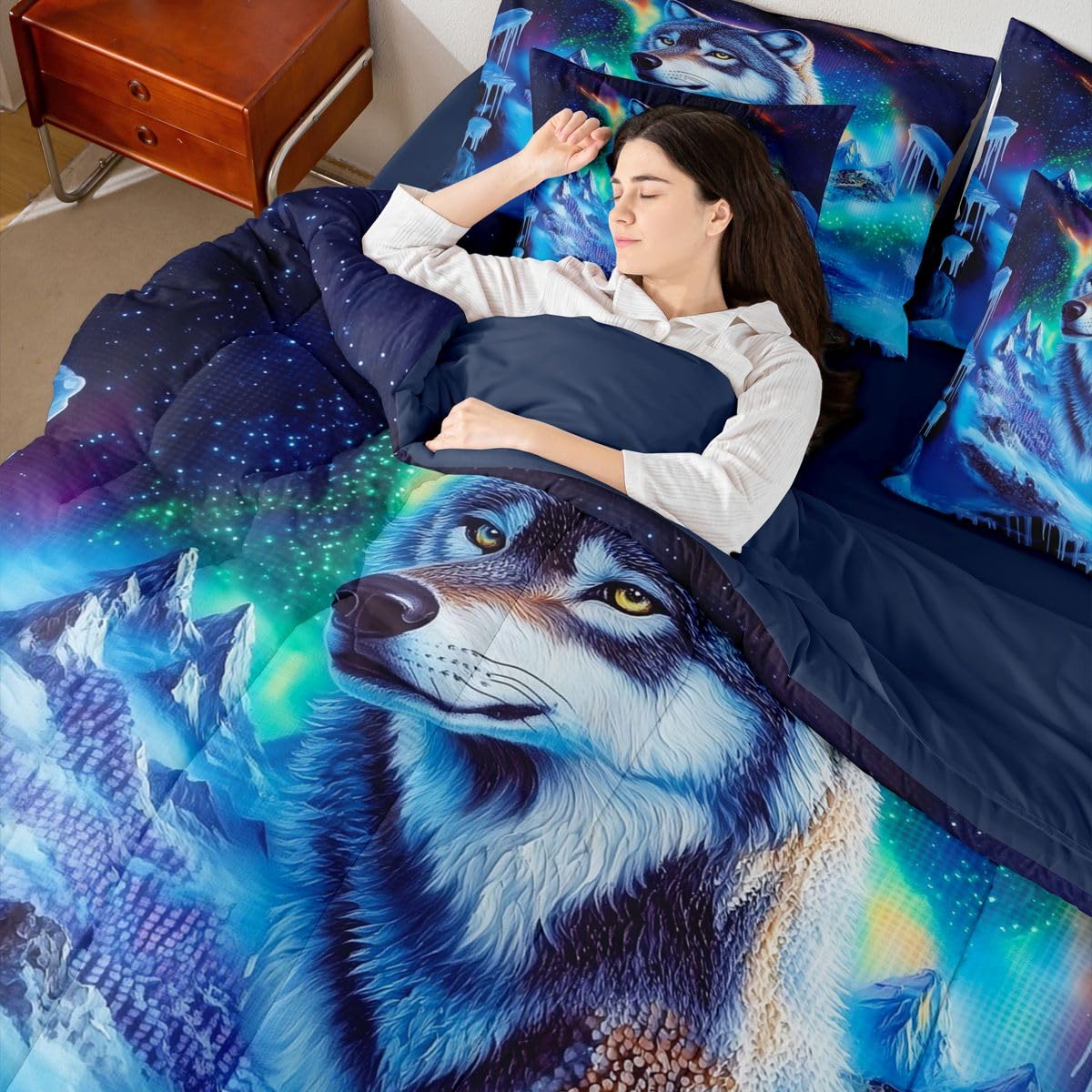 Feelyou Wolf Comforter Set with Sheets 7 Piece Queen Size Wolves Howling Bedding Set for Kids Boys Girls Western Farmhouse Bed in a Bag Wild Animal Room Decor Soft Microfiber