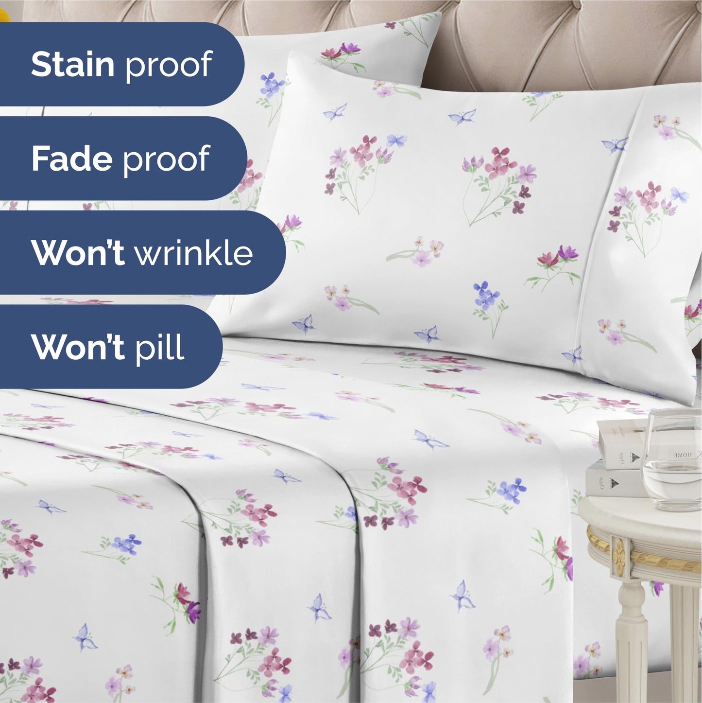 Floral Sheets - Butterfly Floral Bed Sheet Set - 1 Flat, 1 Fitted & 2 Pillowcases w/ Deep Pockets - Wrinkle & Fade Free - Boho Botanical Bedding - Ultra-Soft, Breathable and Cooling - Queen Size Set