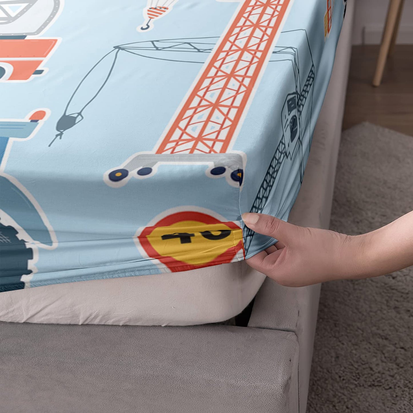 HOSIMA Cartoon Car Fitted Sheet 3Piece Set with Construction Site Excavator Crane and Tractor Design,Kawaii Bedding Set for Boys Girls in Light Blue Fitted Sheet Set Queen Size with 2 Pillowcases.