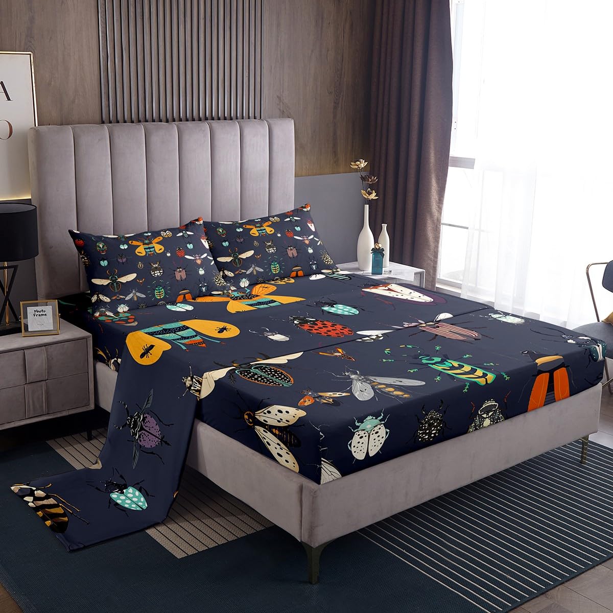 Beetles Bed Sheet Set Twin Size Cartoon Ladybug Moth Sheet Set Nature Wild Animals Sheets for Boys Girls Bedroom Dark Purple Bedding Set with Flat Sheet Fitted Sheet Pillowcase 3Pcs