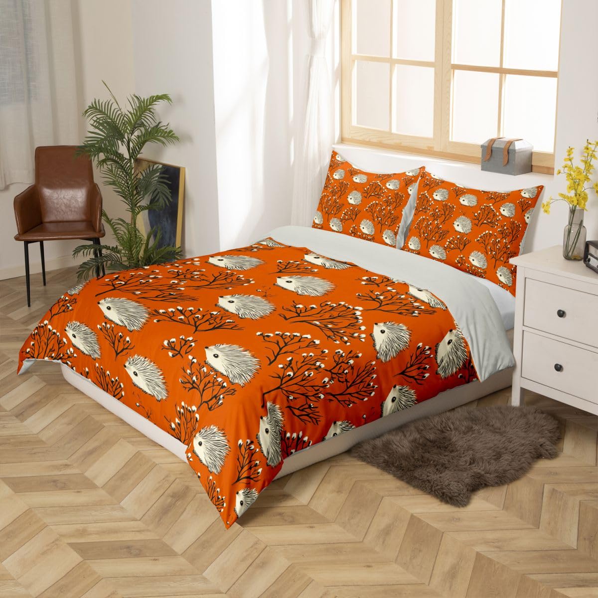 Erosebridal Kawaii Hedgehog Comforter Cover Twin Cartoon Wildlife Duvet Cover for Kids Teens Hedgehog Lovers Botanical Bedding Set Cartoon Cute Kawaii Animal Bed Set
