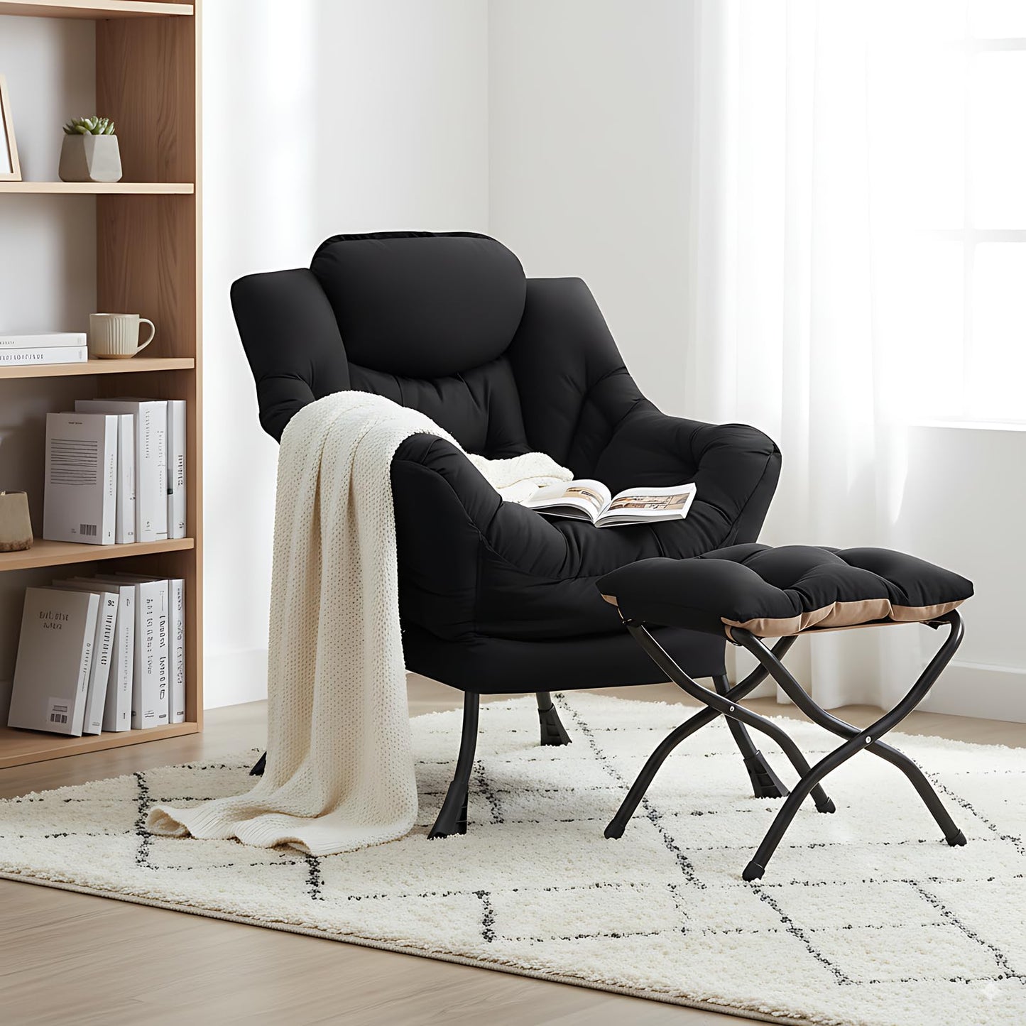 LITA Lazy Chair with Ottoman, Modern Accent Leisure Upholstered Sofa Chair, Contemporary Lounge Reading Chairs with Armrests and a Side Pocket for Living Room, Bedroom & Small Space, Black