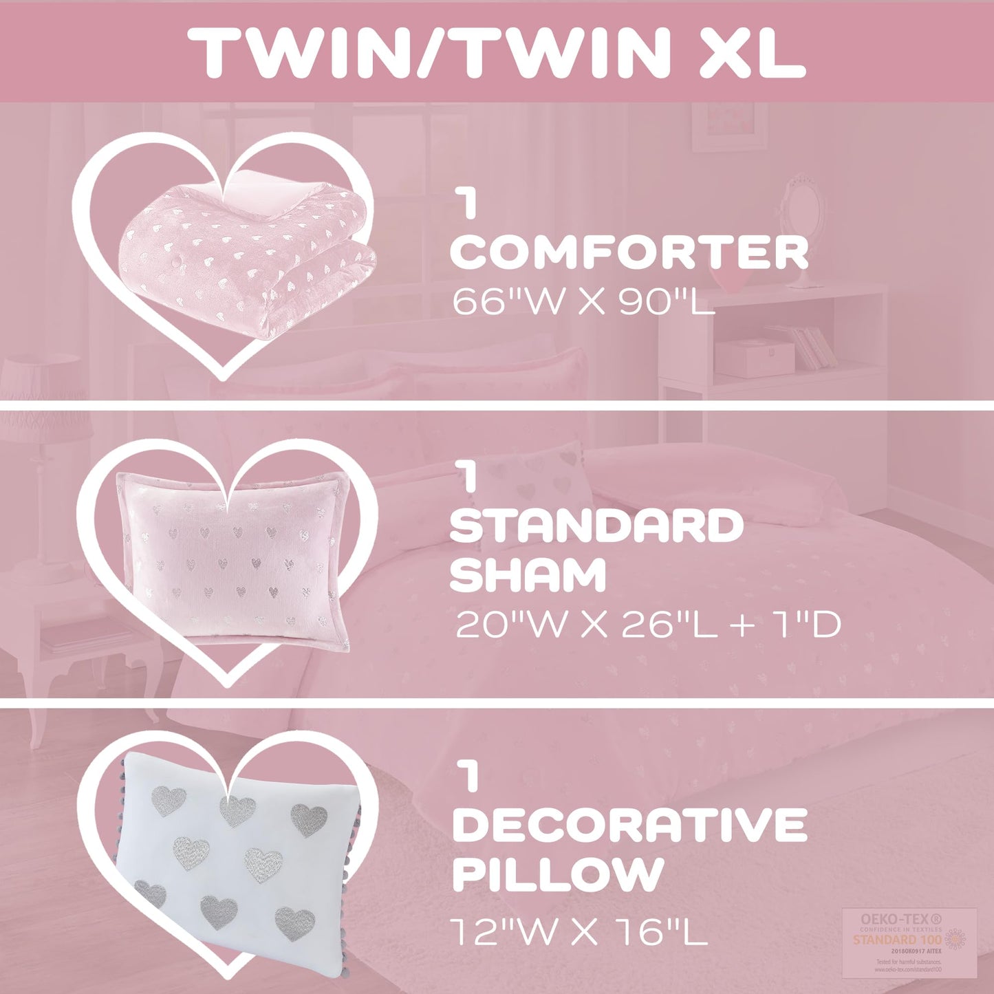 Intelligent Design Twin Comforter Set, 3 Piece Metallic Hearts Cozy Bedroom Set for Girls, Twin Bed Set Soft & Plush Comforter, All Season Fluffy Bedding Set, Rosalie, Twin/Twin XL, Pink Silver