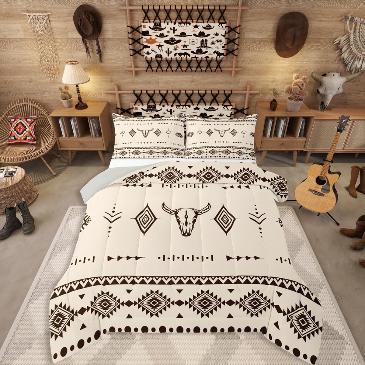 Erosebridal Bull Skull Twin Size Comforter Set, Western Cowboy Bedding Set for Boys Girls Men Room Decor, Southwestern Native Quilt, Boho Aztec Ethnic Horns Duvet Insert, 1 Pillow Case
