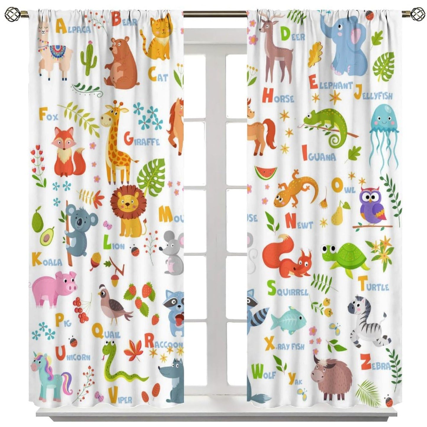 Learning Education ABC Curtains for Kids,Cartoon Watercolour Animals Plants Flowers Toddlers Alphabet Learning Plants Fruits Window Drapes for Boys Girls Baby Nursery Bedroom 42x45in（No Blackout）