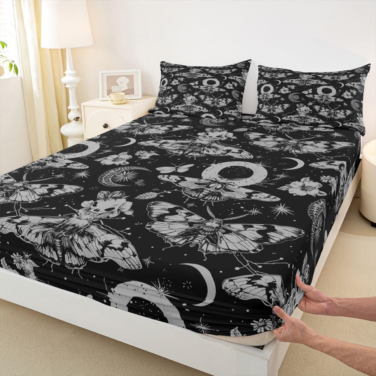 Feelyou Death Moth Bed Sheets Set Full Size Halloween Themed Bed Set for Kids Boys Girls Boho Moth Deep Pocket Fitted Sheet Gothic Breathable Soft Lightweight Microfiber Black and Gold