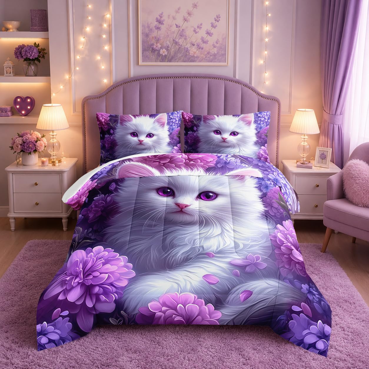 HOSIMA Cat Twin Bedding Sets for Girls Room Decor,Cat Surrounded by Flowers Print Lightweight Cute Comforter,Fluffy Animal Themed Princess Bedding for Kids Teens with 2 Pillowcases.