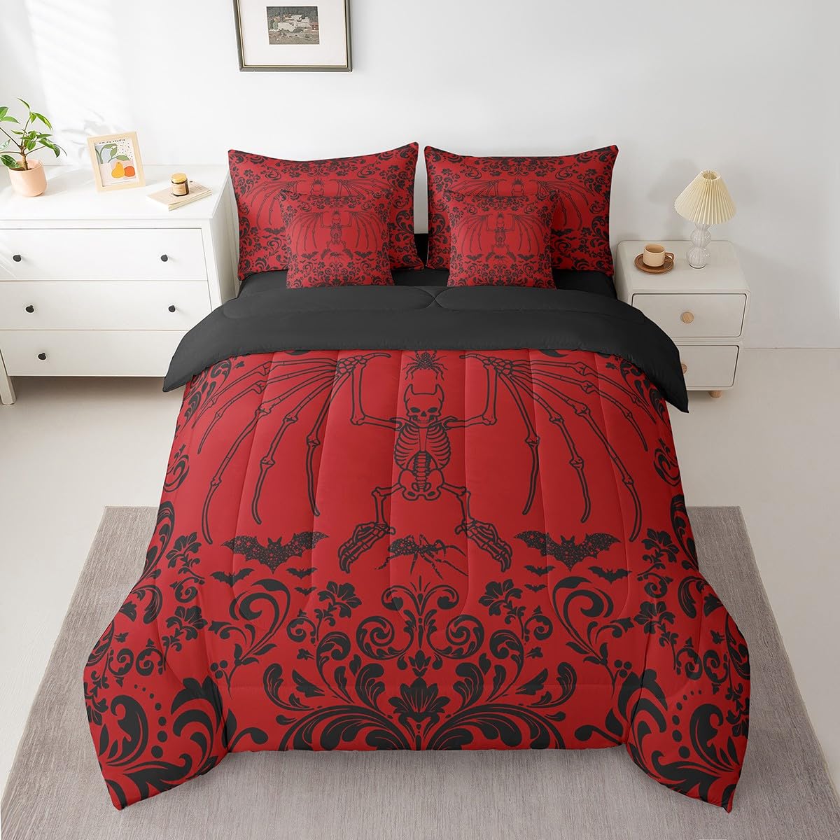 Erosebridal Gothic Moth Skull Bed in A Bag 7 Piece Queen Halloween Bats Spider Bedding Set Red Black Damask Goth Comforter Set with Sheets for Kids Boys Adults Men,Hippie Floral Skeleton Bed Set