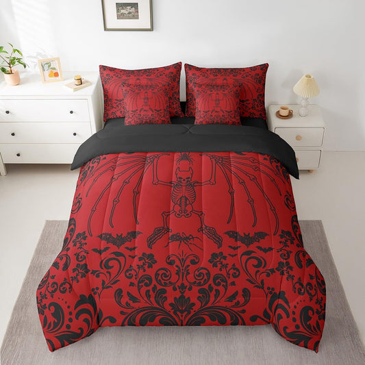 Erosebridal Gothic Moth Skull Bed in A Bag 7 Piece Queen Halloween Bats Spider Bedding Set Red Black Damask Goth Comforter Set with Sheets for Kids Boys Adults Men,Hippie Floral Skeleton Bed Set
