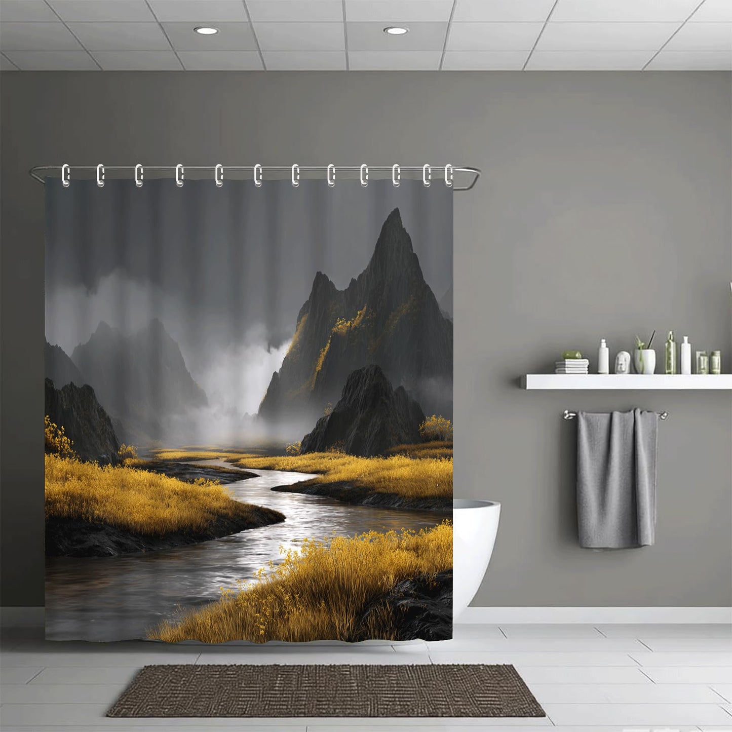 ZROLUW Mountains River Shower Curtain Set 36" W x 72" L Nature Scenery Landscape Bath Curtain Bathroom Fabric Polyester Waterproof Modern Shower Curtains with Hooks