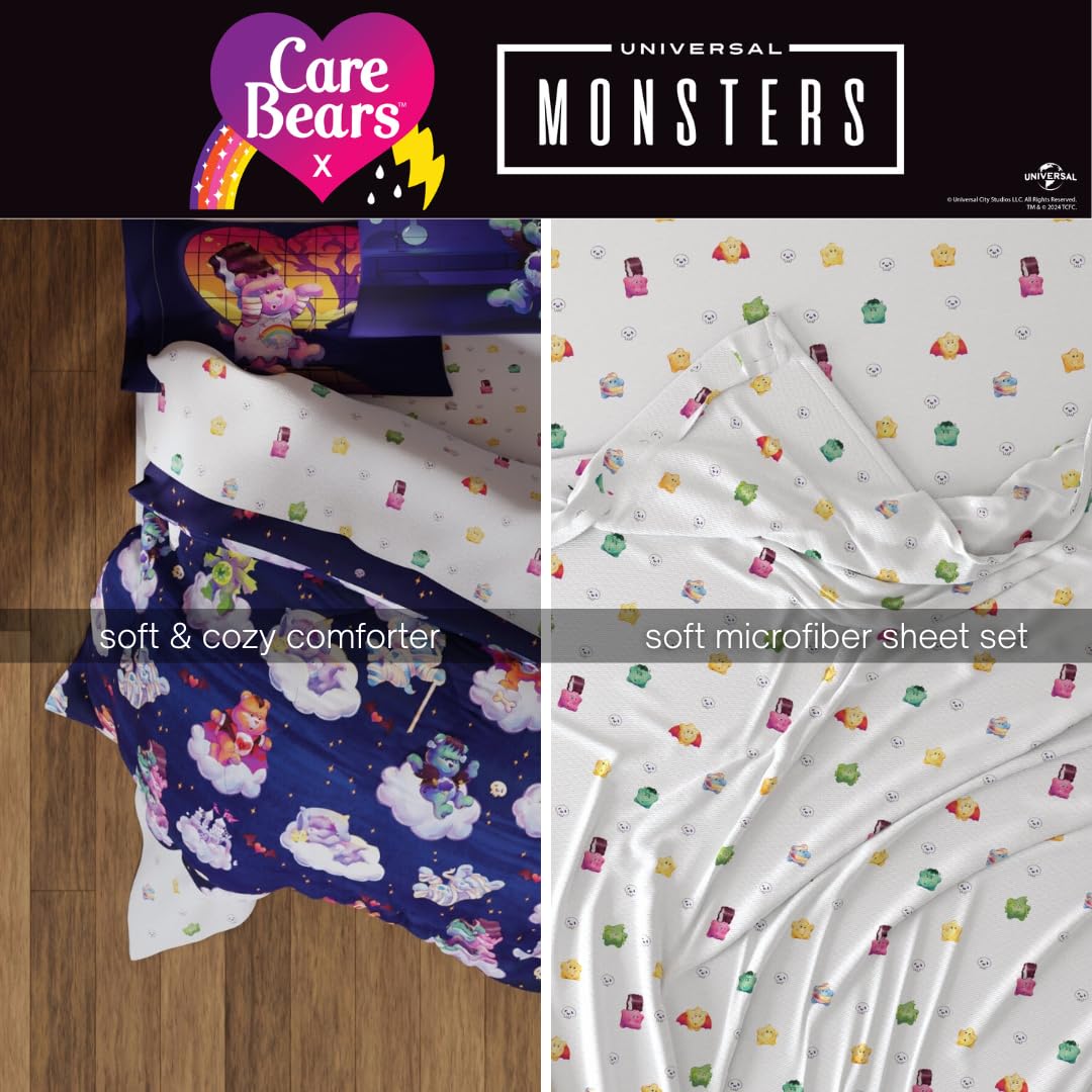 Care Bears x Universal Monsters Halloween Bedding 7 Piece Super Soft Cozy Reversible Comforter and Sheet Set with Sham, Full, (Officially Licensed Product) By Franco
