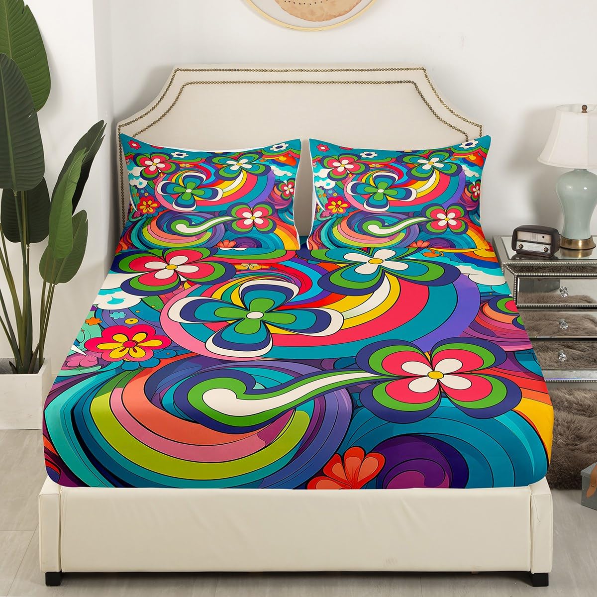 Hippie Boho Floral Bedding Set Colorful Groovy Flower Power Bed Sheets Full Psychedelic Spring Garden Botanical Sheet Set For Girls Teen Women 60S 70S Bohemian Fitted Sheet + Flat Sheet 4 Pcs